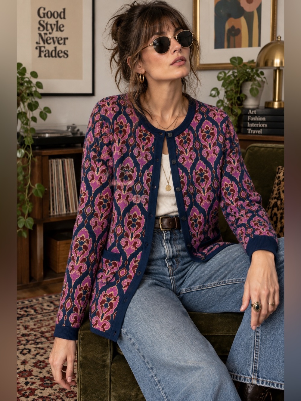 Lands’ End Women’s M 100% Supima Cotton Jacquard Cardigan Blue Purple Floral
